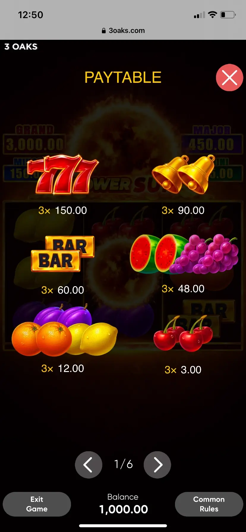 Power Sun Таблица выплат