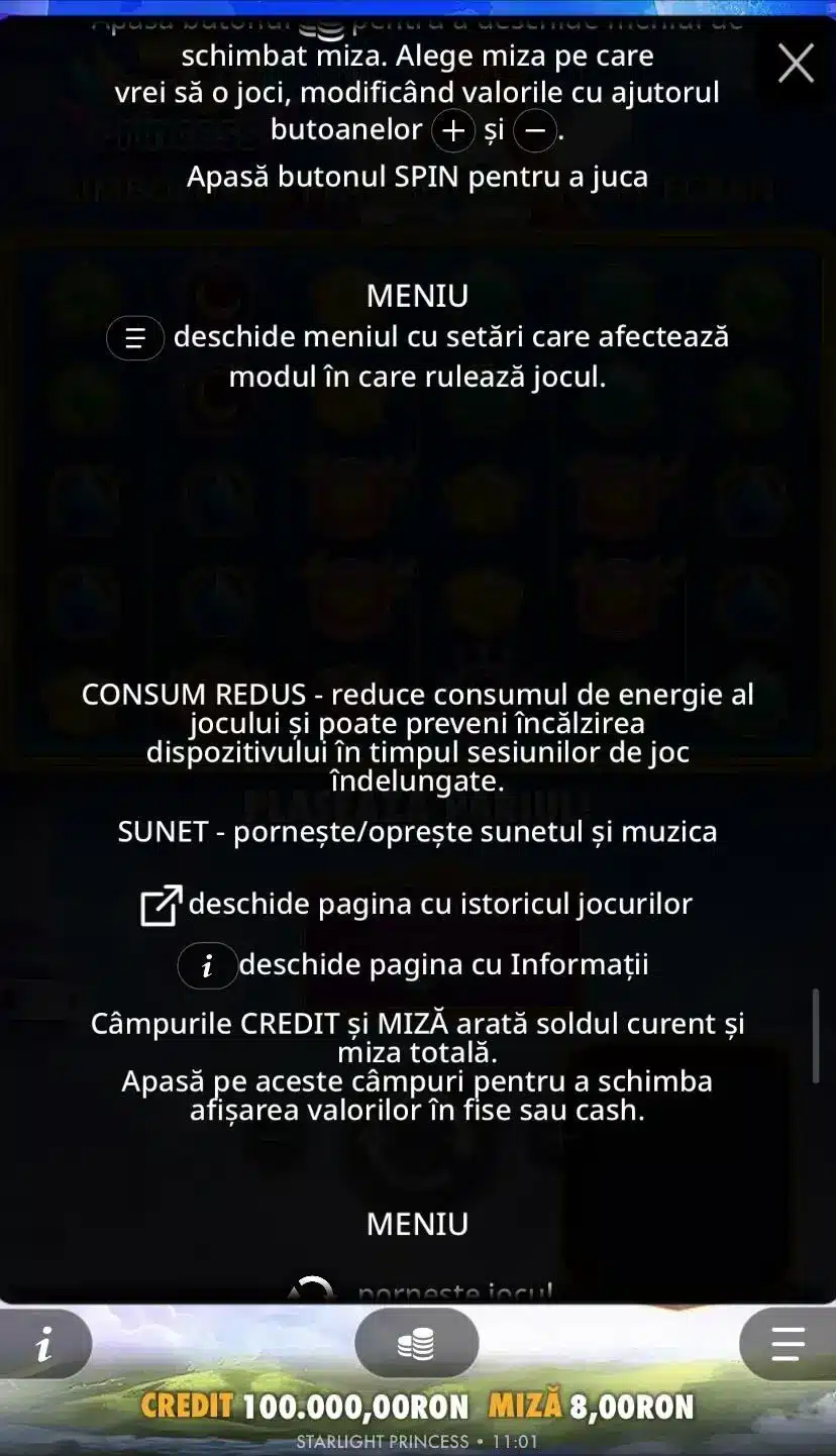 Starlight Princess Меню